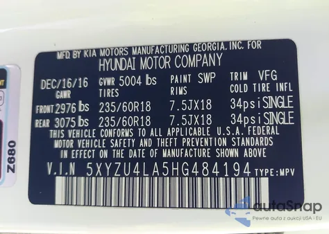 2017 Hyundai Santa Fe Sport 2.0T from USA, damaged, VIN 5XYZU4LA5HG484194